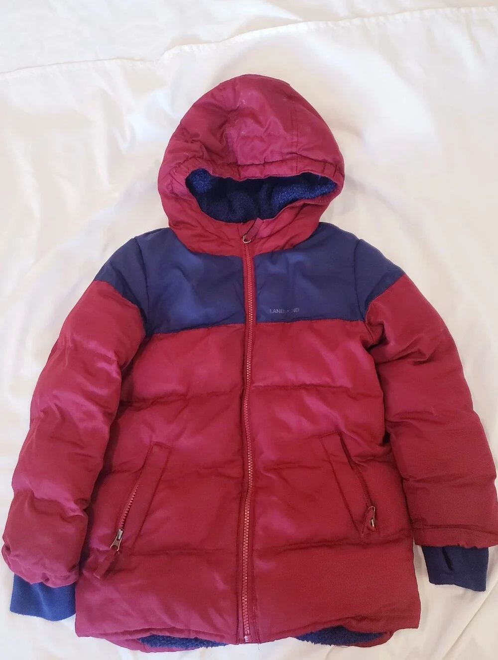 Lands' End Red and Navy Hooded Youth Puffer Parka Size Small 6-7
